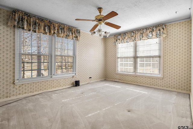 carpeted spare room featuring ceiling fan and a textured ceiling