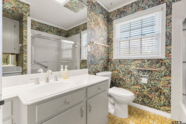 bathroom featuring ornamental molding, vanity, toilet, and a shower