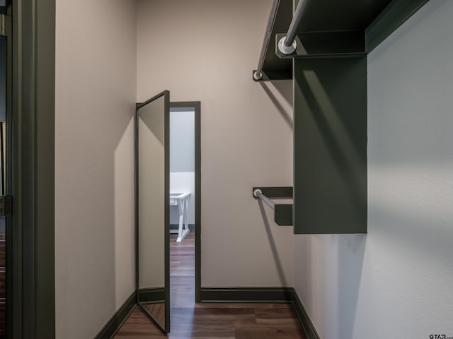 spacious closet with dark wood-style flooring