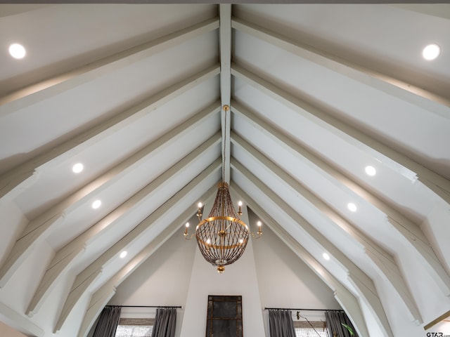 details featuring recessed lighting, beamed ceiling, and an inviting chandelier