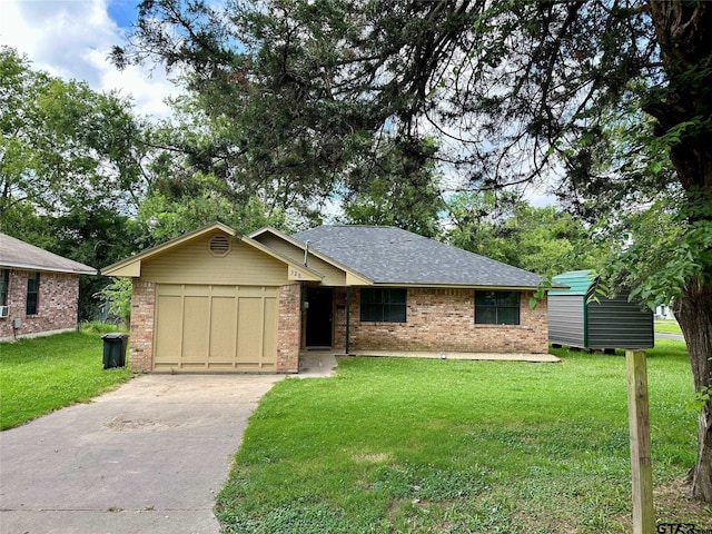 ranch-style home with an outbuilding and a front lawn