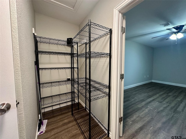 storage room featuring ceiling fan