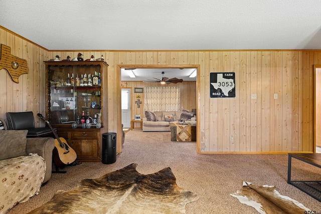 10929 County Road 41, Tyler, TX 75706 - living area with wooden walls, carpet, ornamental molding, a ceiling fan, and a textured ceiling