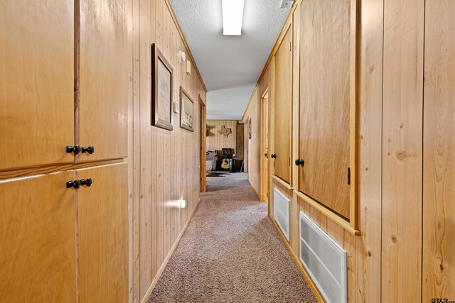 10929 County Road 41, Tyler, TX 75706 - hall featuring carpet floors, a textured ceiling, and wood walls