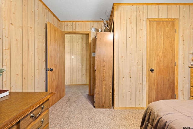 10929 County Road 41, Tyler, TX 75706 - carpeted bedroom with wood walls, crown molding, a textured ceiling, and a closet