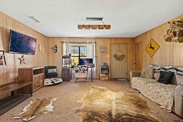 10929 County Road 41, Tyler, TX 75706 - living area with wood walls, carpet flooring, a textured ceiling, and ornamental molding