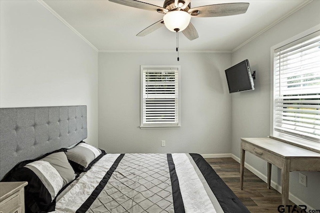 3268 Farm Rd Unit 1487, Bogata, TX 75417 - bedroom with dark wood finished floors, ornamental molding, and ceiling fan
