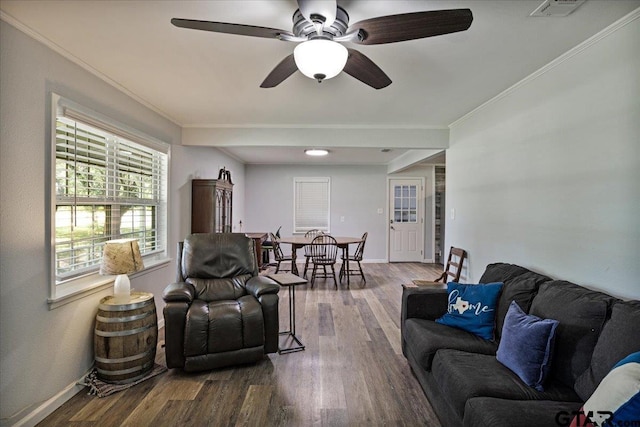 3268 Farm Rd Unit 1487, Bogata, TX 75417 - living room with wood finished floors, a ceiling fan, and ornamental molding