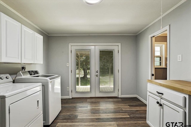 3268 Farm Rd Unit 1487, Bogata, TX 75417 - washroom with washing machine and dryer, french doors, cabinet space, ornamental molding, and dark wood-style flooring