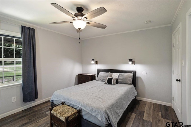 3268 Farm Rd Unit 1487, Bogata, TX 75417 - bedroom with dark wood-style floors, ornamental molding, and a ceiling fan