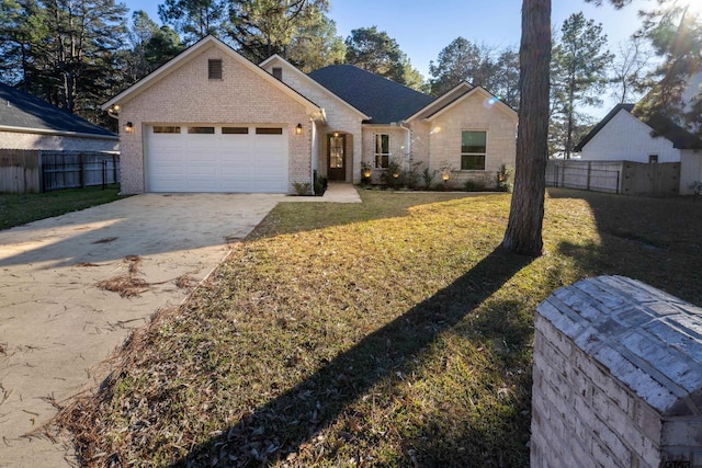 ranch-style house featuring a garage and a front lawn