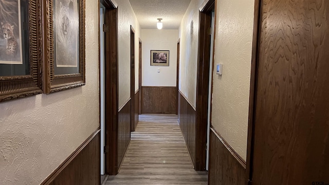 hall with wooden walls, a textured ceiling, and light wood-type flooring