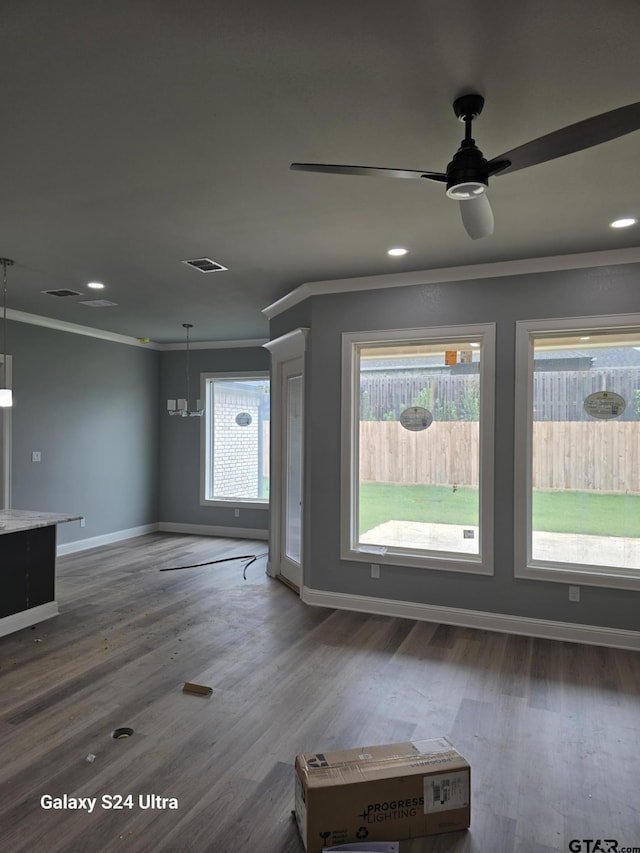 913 Alex Dr, Whitehouse, TX 75791 - unfurnished living room with a ceiling fan, ornamental molding, wood finished floors, and recessed lighting