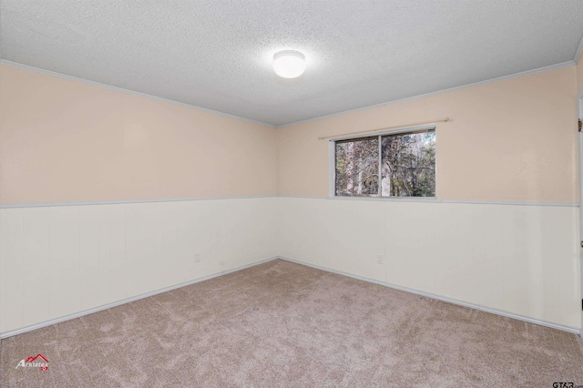 spare room with a textured ceiling, crown molding, and light carpet