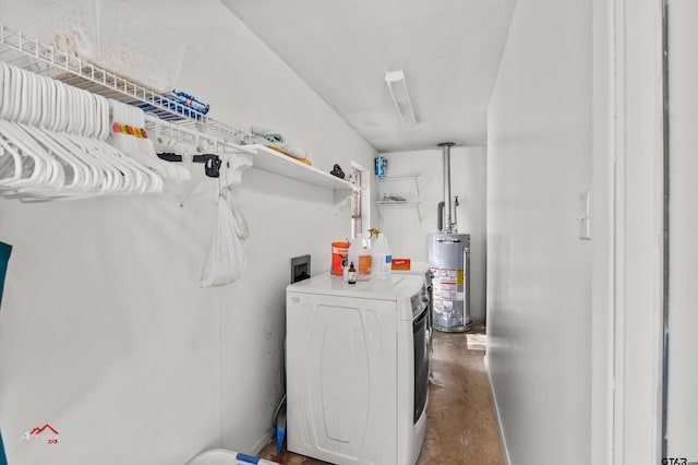 laundry area with water heater and washing machine and clothes dryer