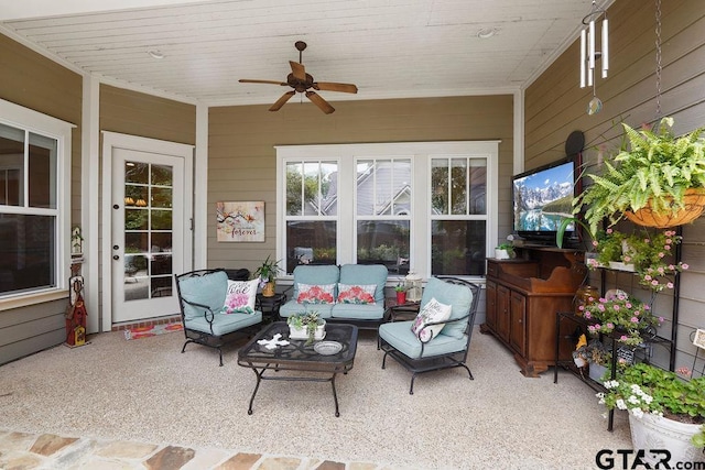 4007 Spartanburg Ln, Tyler, TX 75701 - sunroom with a ceiling fan, outdoor lounge area, and wood walls