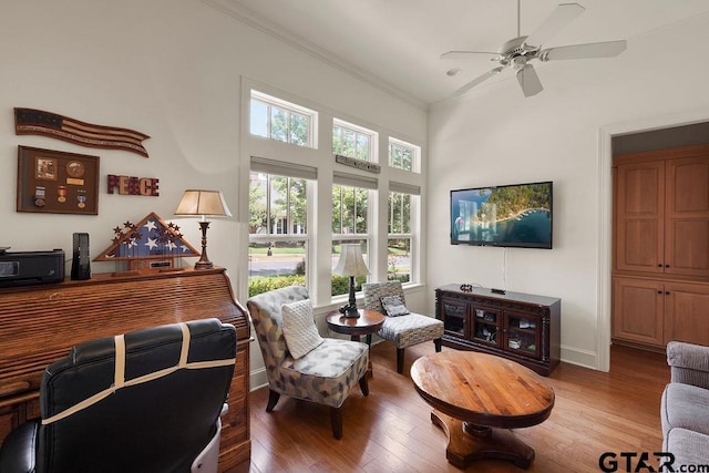 4007 Spartanburg Ln, Tyler, TX 75701 - living area with ornamental molding, wood finished floors, a ceiling fan, baseboards, and a high ceiling