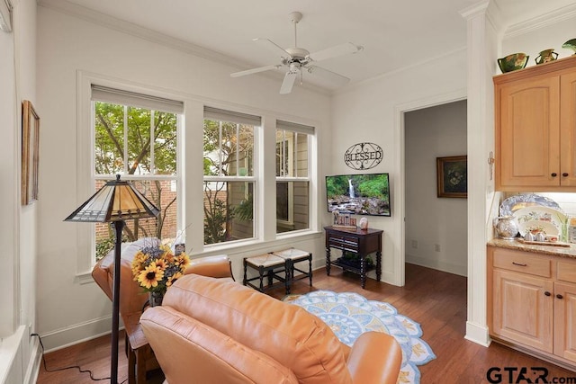 4007 Spartanburg Ln, Tyler, TX 75701 - living area with ceiling fan, crown molding, baseboards, and dark wood-style floors