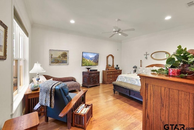 4007 Spartanburg Ln, Tyler, TX 75701 - bedroom featuring light wood-style floors, ornamental molding, recessed lighting, and a ceiling fan