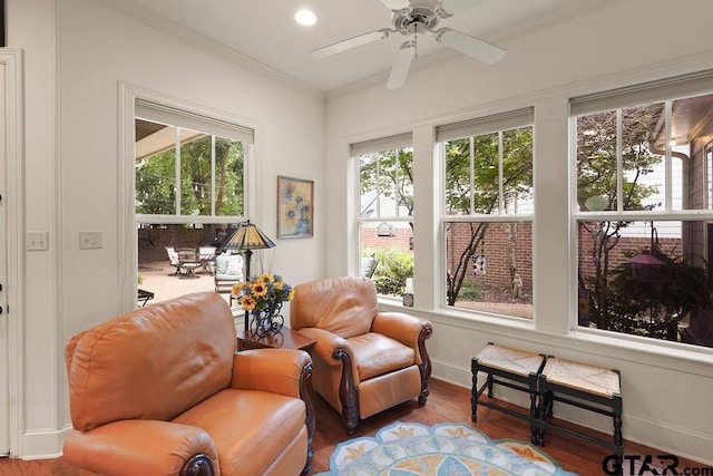 4007 Spartanburg Ln, Tyler, TX 75701 - living area with ornamental molding, wood finished floors, baseboards, a ceiling fan, and recessed lighting