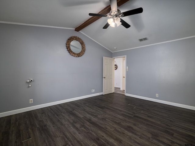 empty room with dark hardwood / wood-style flooring, vaulted ceiling with beams, ornamental molding, and ceiling fan