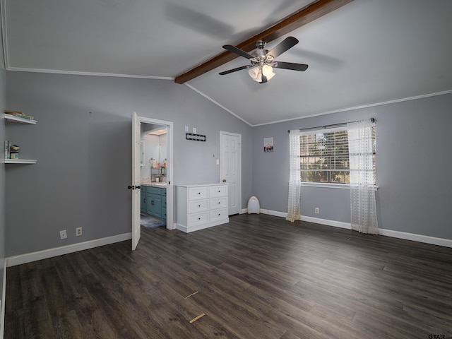 unfurnished bedroom with dark wood-type flooring, ensuite bath, ornamental molding, and lofted ceiling with beams