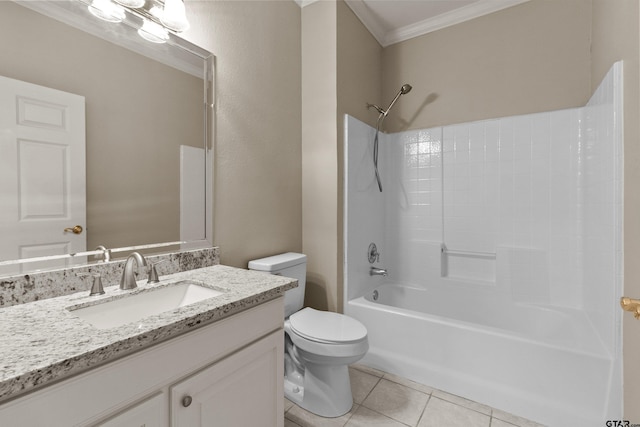 full bathroom featuring bathing tub / shower combination, vanity, crown molding, tile patterned floors, and toilet