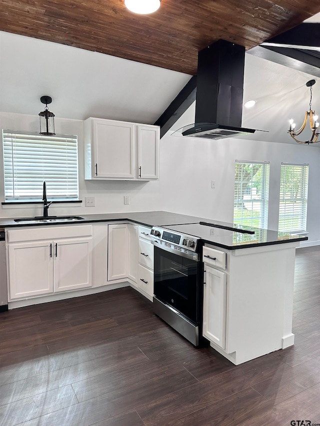 kitchen featuring island exhaust hood, stainless steel appliances, dark countertops, a sink, and a peninsula