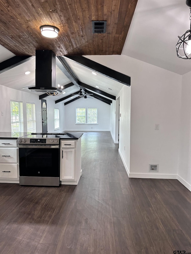 kitchen with vaulted ceiling with beams, dark wood-style flooring, white cabinets, stainless steel electric range oven, and island exhaust hood