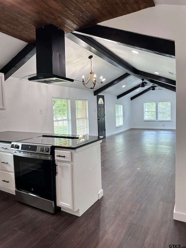 kitchen featuring vaulted ceiling with beams, island range hood, white cabinets, stainless steel electric range, and dark countertops