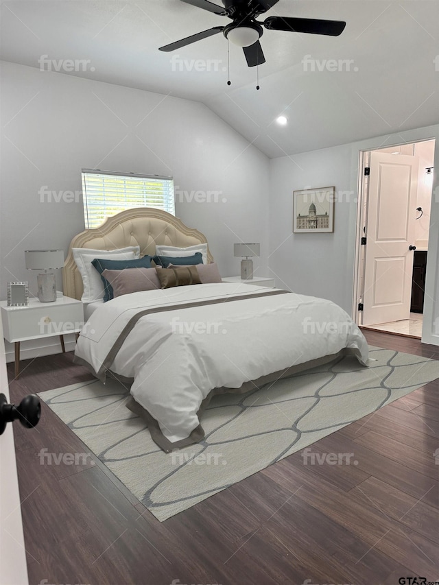 bedroom featuring vaulted ceiling, ceiling fan, and wood finished floors