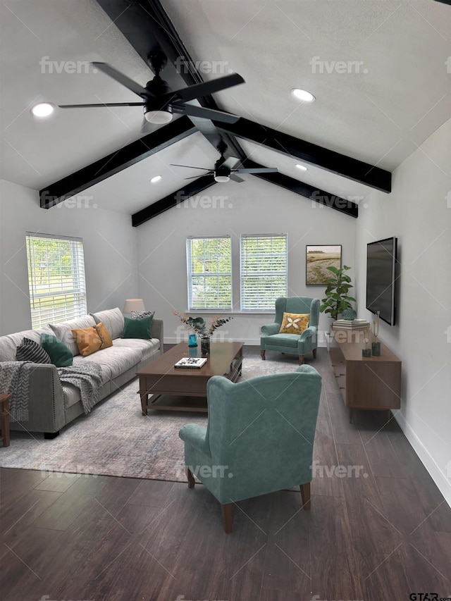 living room featuring lofted ceiling with beams, ceiling fan, and dark hardwood / wood-style floors