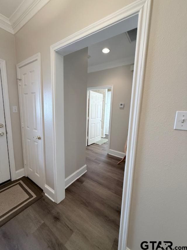 hall featuring dark wood-type flooring and ornamental molding