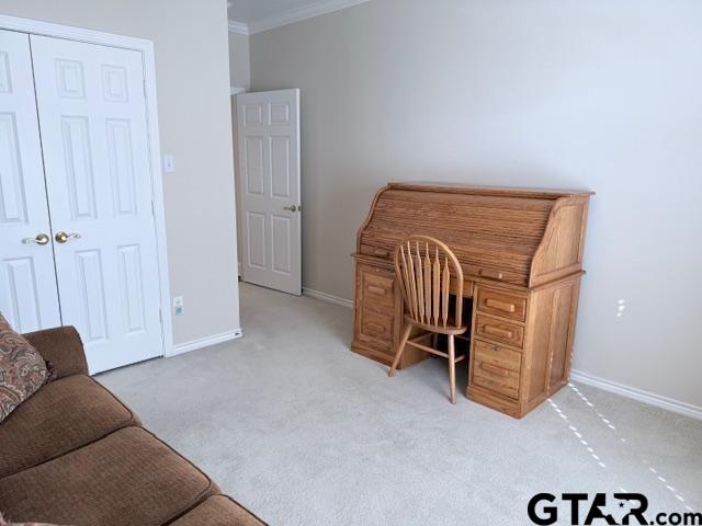 carpeted home office featuring ornamental molding