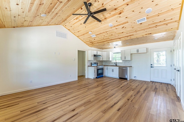 kitchen with wooden ceiling, a sink, visible vents, and stainless steel appliances