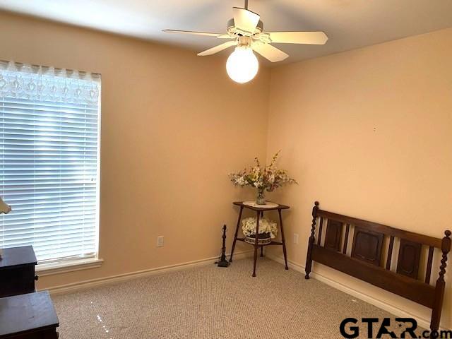 interior space with light carpet, baseboards, and a ceiling fan