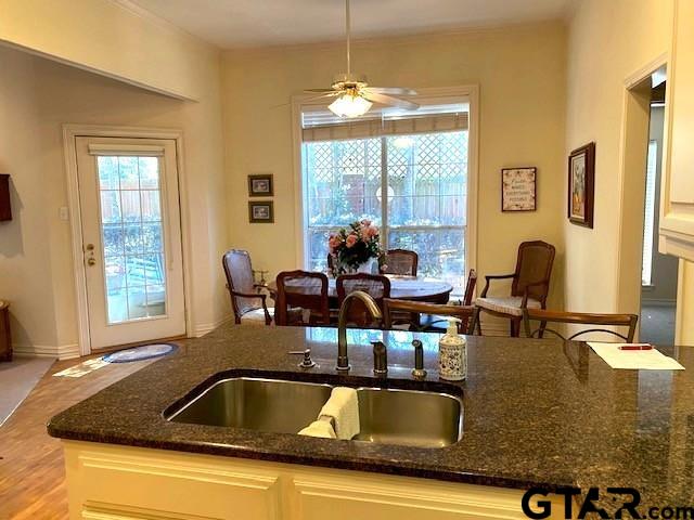 kitchen with ceiling fan, dark stone countertops, and a sink