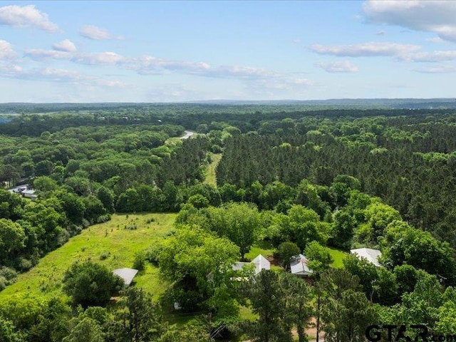 drone / aerial view featuring a wooded view