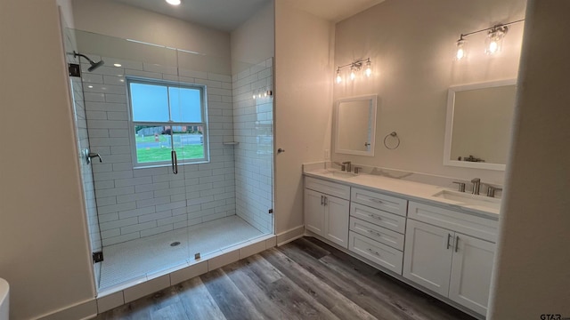 bathroom featuring walk in shower, vanity, and wood-type flooring