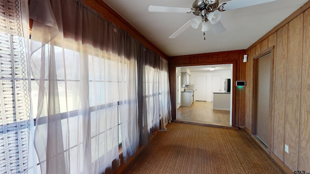 hallway with wood-type flooring and wooden walls