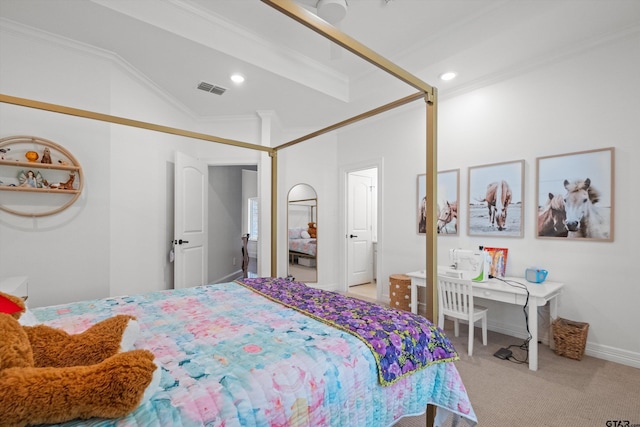 bedroom featuring visible vents, crown molding, and carpet floors