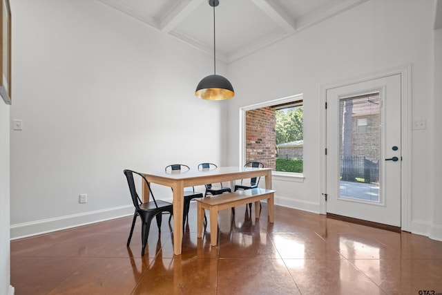 dining room featuring beam ceiling, coffered ceiling, and baseboards