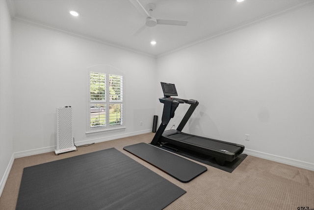 exercise room with baseboards, crown molding, a ceiling fan, and carpet floors