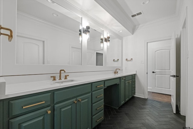 bathroom with visible vents, double vanity, ornamental molding, recessed lighting, and a sink