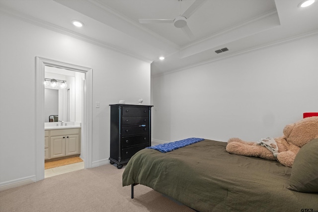 bedroom with recessed lighting, a raised ceiling, light colored carpet, and crown molding