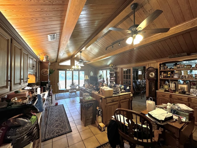 kitchen featuring wooden ceiling, light tile patterned floors, and lofted ceiling with beams