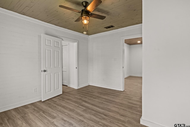 924 Kaufman St, Mount Vernon, TX 75457 - spare room featuring ceiling fan, visible vents, wood ceiling, wood finished floors, and baseboards