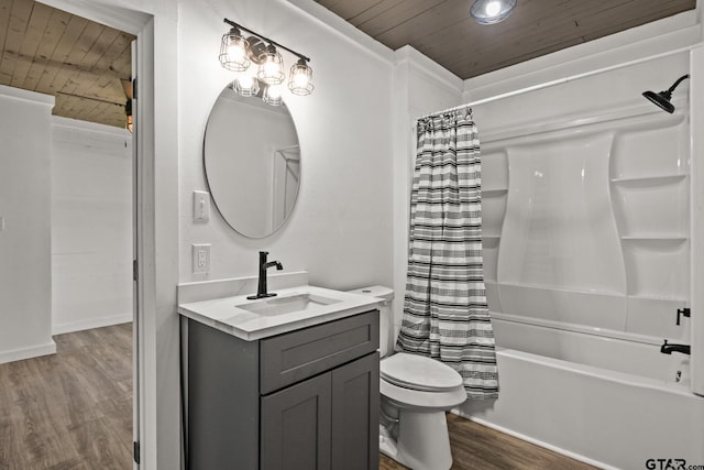 924 Kaufman St, Mount Vernon, TX 75457 - full bathroom featuring shower / bath combo, vanity, wooden ceiling, and wood finished floors