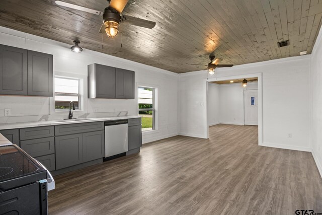 924 Kaufman St, Mount Vernon, TX 75457 - kitchen with ceiling fan, visible vents, gray cabinets, dishwasher, and a sink