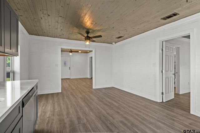 924 Kaufman St, Mount Vernon, TX 75457 - interior space featuring ceiling fan, visible vents, wooden ceiling, wood finished floors, and light countertops